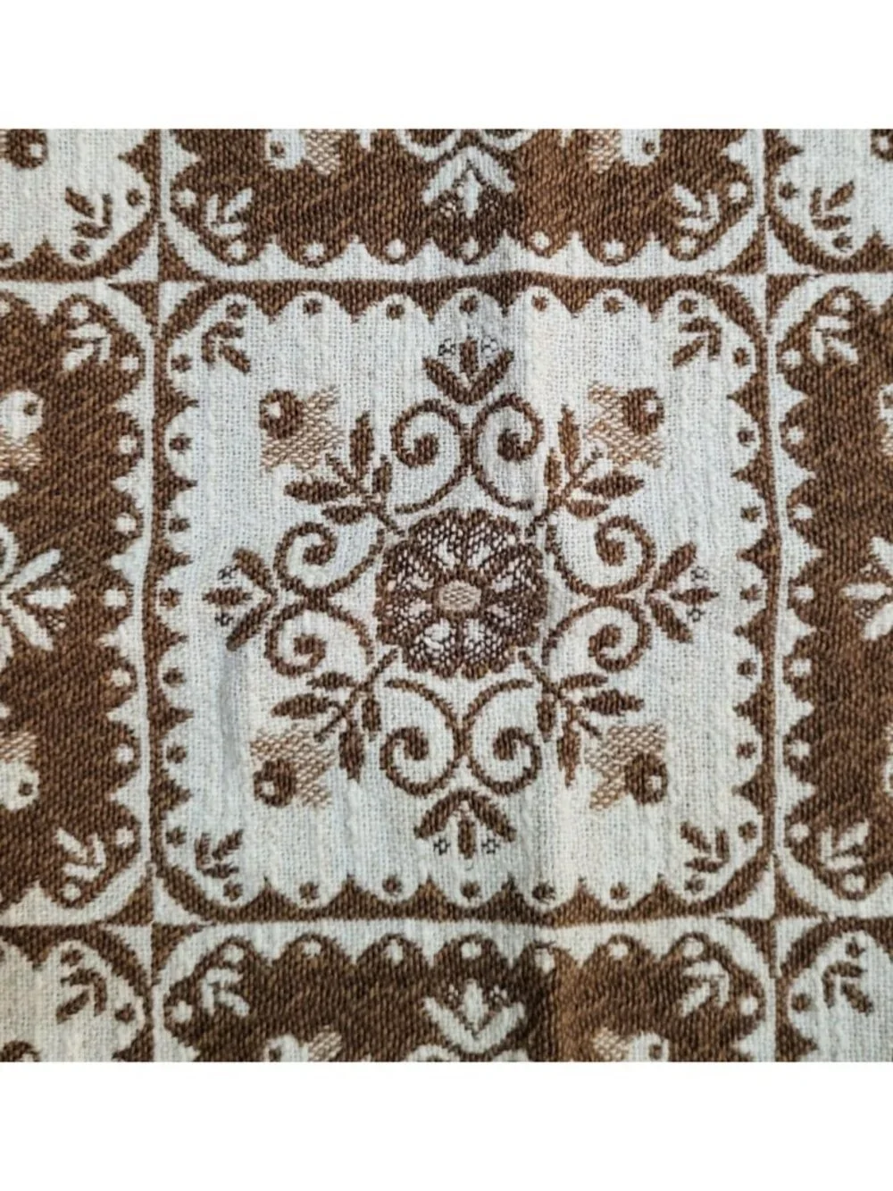 Woven Throw Blanket Brown Cream Rosettes Cotton/Linen Fringed - Made in Austria